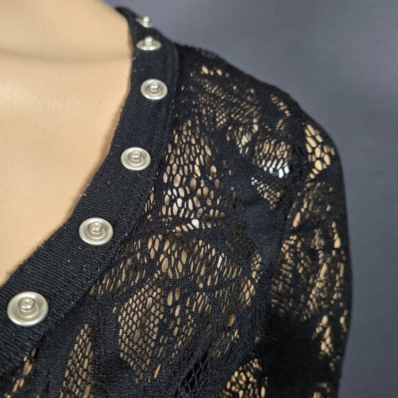 Y2K Black Lace Gothic Fairy Top Size S V Neck Semi Sheer Snap Buttons Whimsigoth - Picture 3 of 7